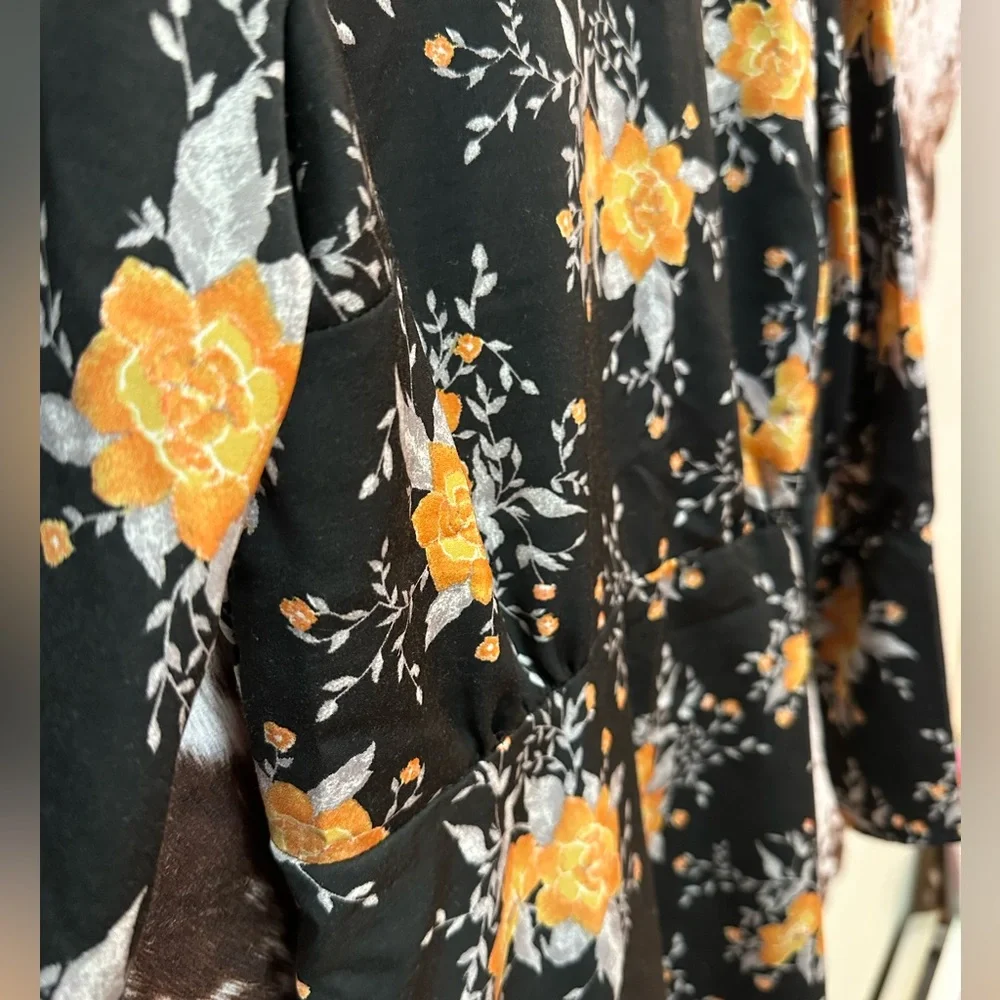 Free People- Parker Dress, black/orange/silver floral long size 4 - Picture 4 of 10